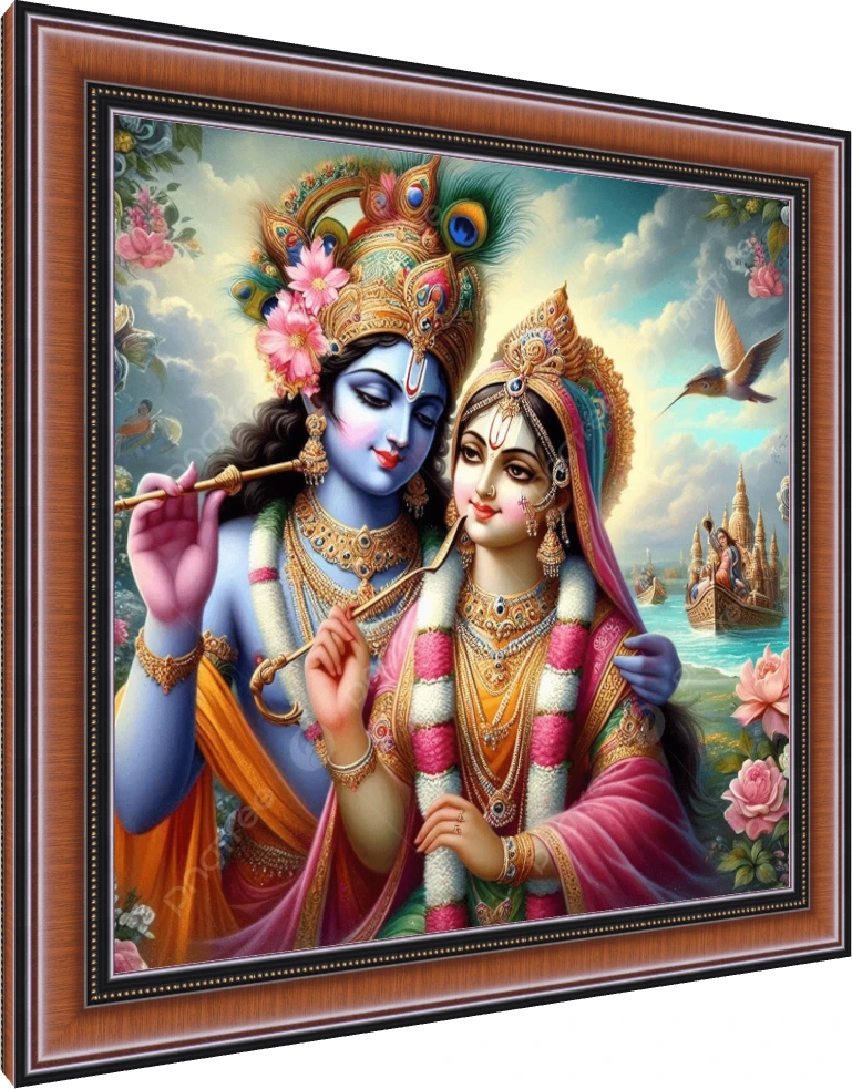 A vibrant digital painting of Radha and Krishna in a loving embrace near a lake with a temple boat. — photo frame preview | PrintPosters.in